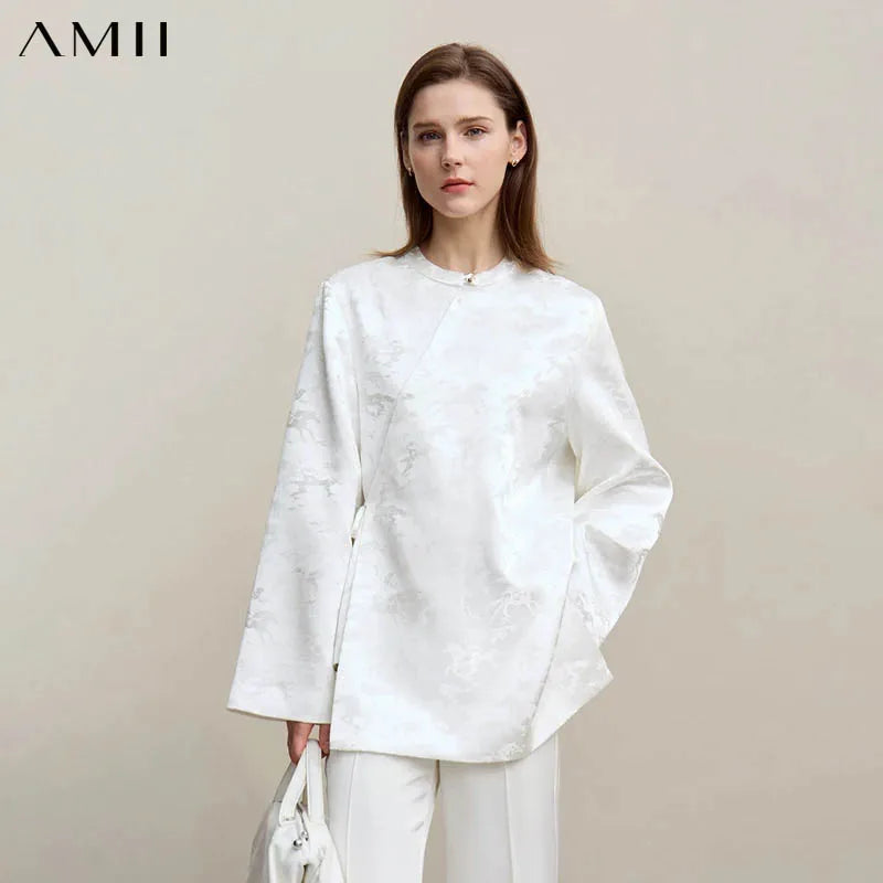 Amii Women's Jacket 2026 Autumn New Chinese Elegant Jacquard Tie Coat O-Neck Loose Asymmetric Placket Long Sleeve Coats 12641097