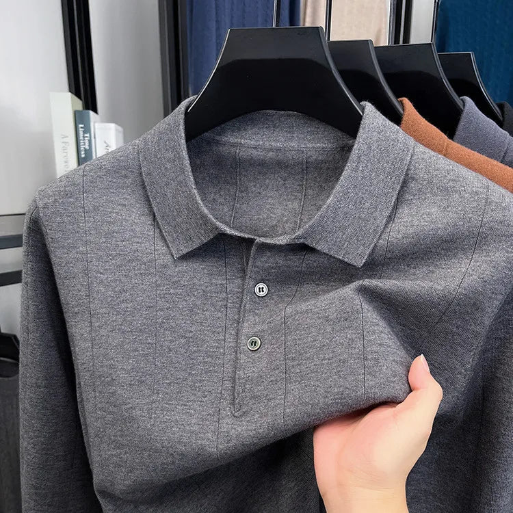 Men's Polo Collar Wool Blend Sweater 340g Thick Anti-Pilling Long Sleeve Knitwear for Spring Autumn