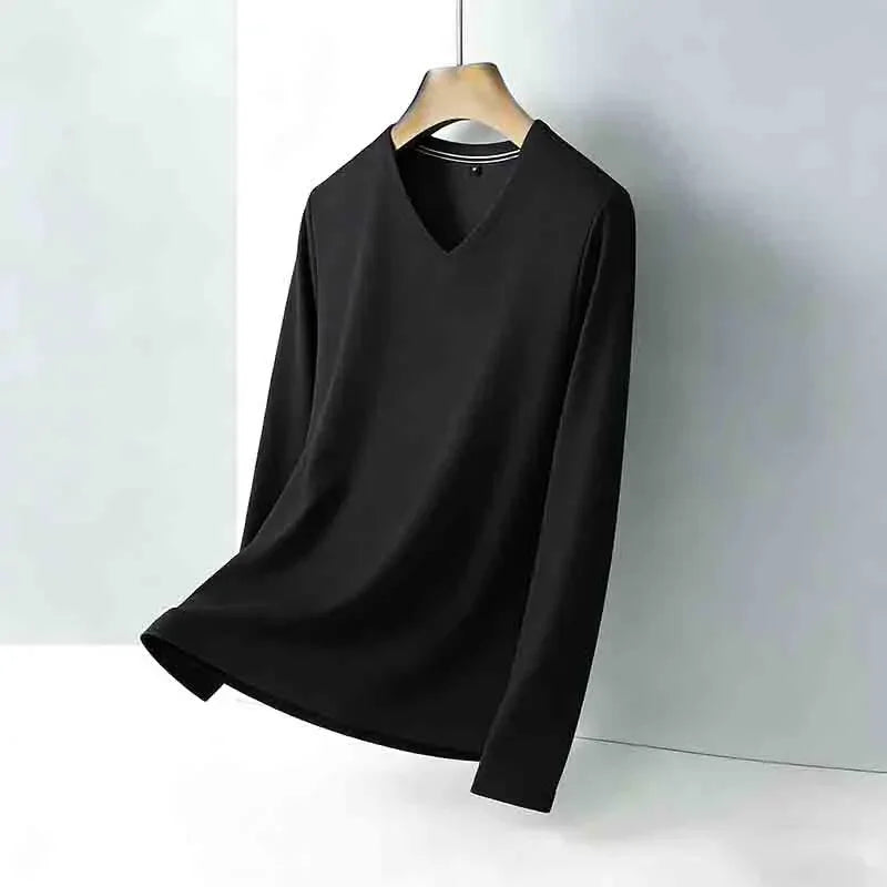 Men's Tan V-neck Long Sleeve Knit Top Classic Solid Color Everyday Outfit for All Ages