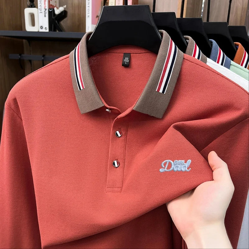 High Quality Man 100% Cotton Long-Sleeved Polo Shirt Lapel Button Letter Embroidery Autumn New Snug Leisure Versatile Men's Tops