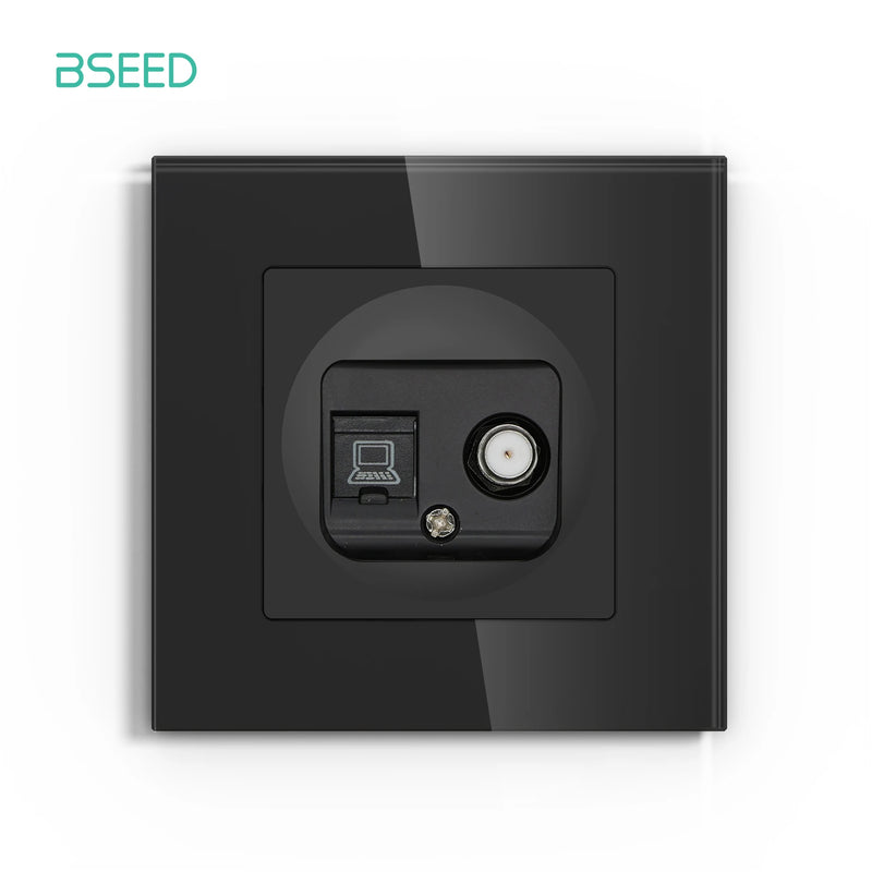 BSEED TV Port RJ45 Internet Plug Wall Power Socket Satellite Outlet Glass Frame Black Color for TV Telphone Computer