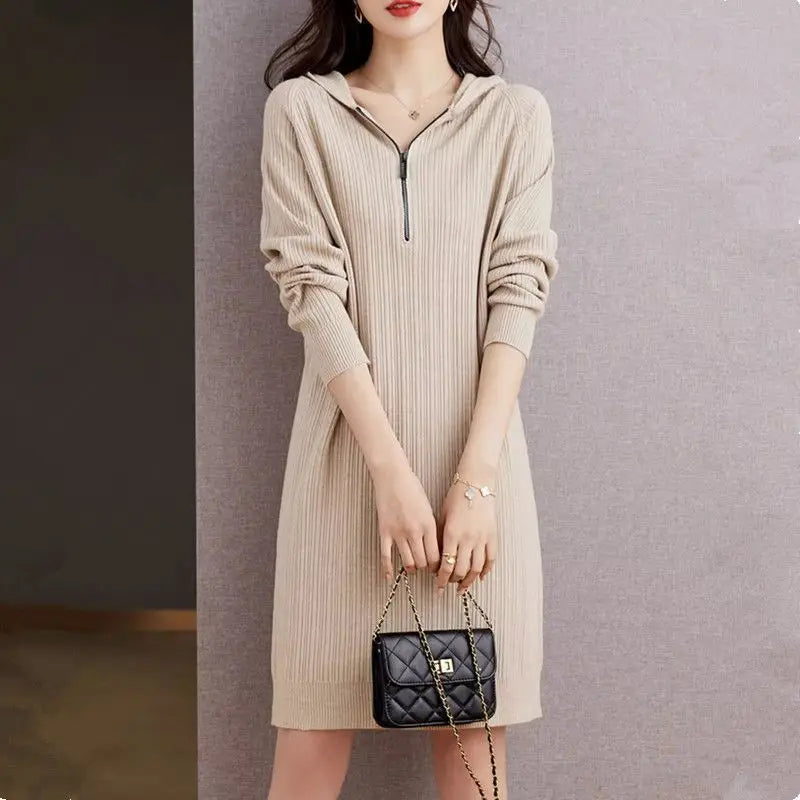 New Hooded Sweater For Women Short Dress Fashion Zipper Spring Autumn Long Sleeve Female Knitwear Jumper Woolen Pulls Femmes