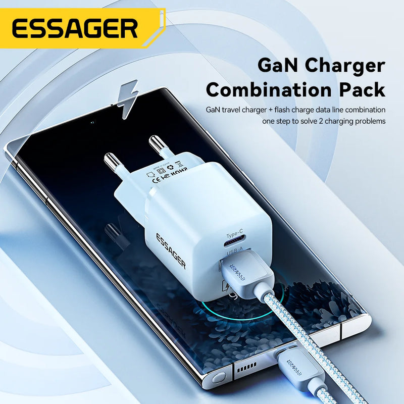 ឆ្នាំងសាក Essager 20W GaN USB Type C PD សាកថ្មលឿនសម្រាប់ iPhone 15 14 13 12 Pro Max PD3.0 QC3.0 Type C ឆ្នាំងសាកទូរស័ព្ទចល័តខ្នាតតូច