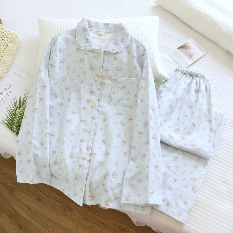Pure Cotton Pajamas For Women Pyjamas Autumn Long-Sleeve Lapel Sleepwear Cotton Women's Loungewear Pjs Home Suit Sleeping Wear