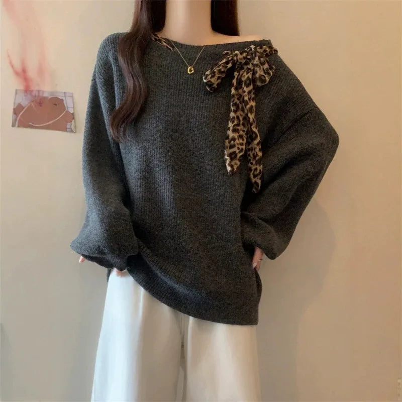 Sweater Female Korean Leopard Print Autumn Winter Soft  Lace-up Off-shoulder Lazy Wind Knitted Top Pullover Jumper Women