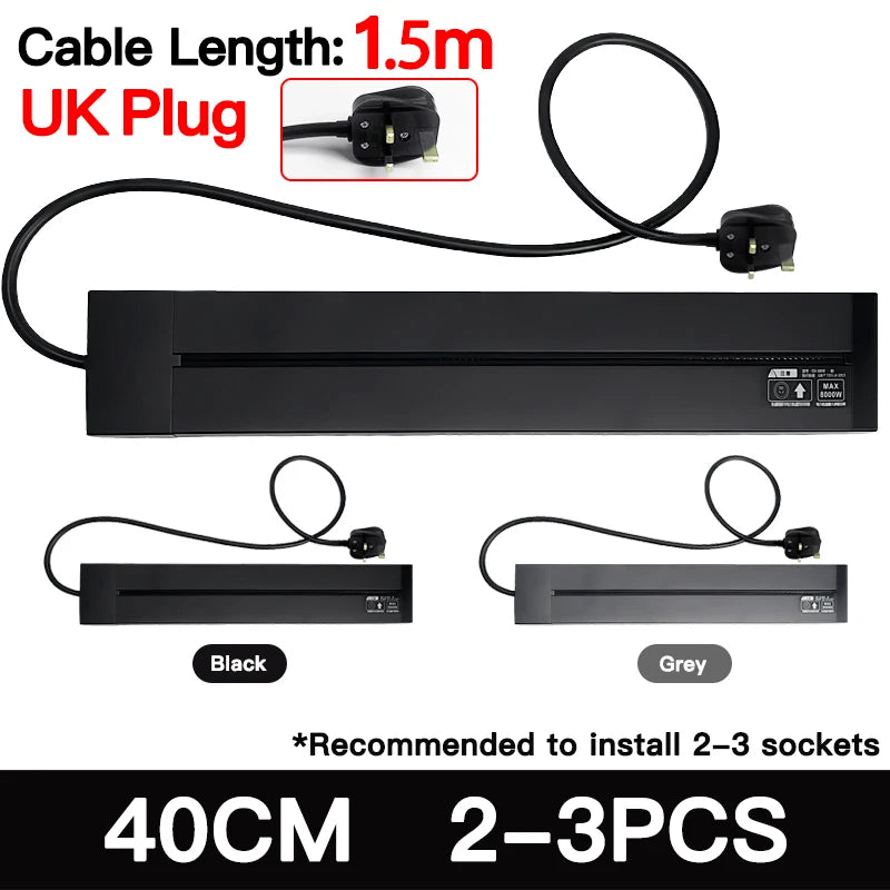 Multistandard Wall Power Track (40cm 50cm), USB-C Enabled Electric Sockets Plugs Adapters Grey Black for Office Use