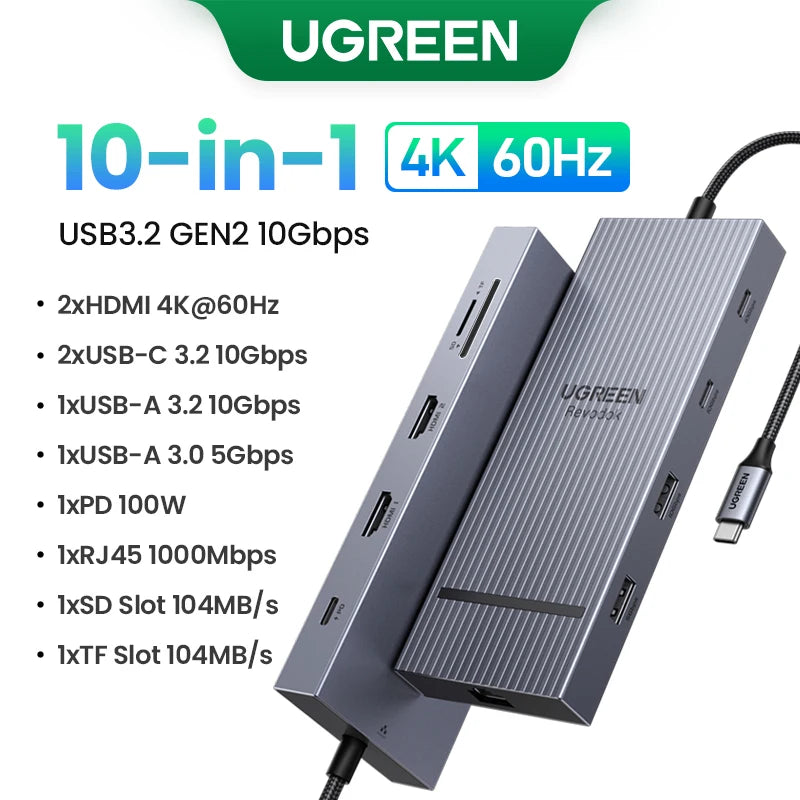 UGREEN 11-in-1 USB-C HUB Type-C to 4K@120Hz DP HDMI Dual Screen Extend 10Gbps SD/TF RJ45 PD100W for Windows Dell Laptop Docking