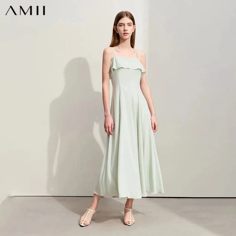 Amii Minimalism Dresses for Women 2026 Summer New Solid Long Large A-line Swing Thin Chiffon Halter Slim Trendy Dress 12442096