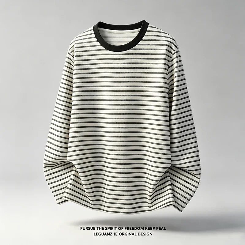 Mens Crew Neck Long Sleeve Knit Tee Horizontal Striped Waffle Pattern Loose Fit For Daily And Casual Occasions
