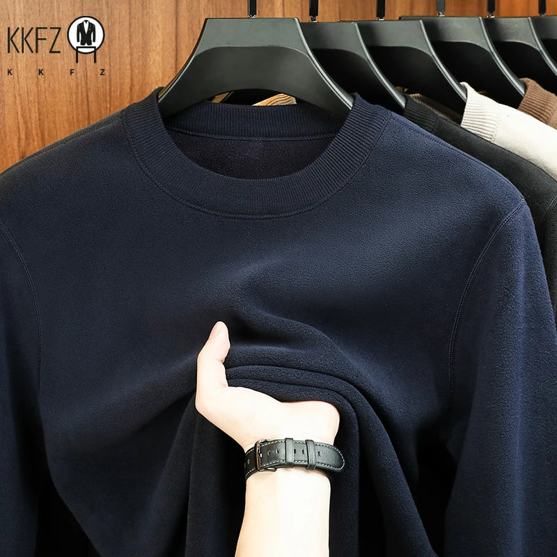 Men's Velvet Hoodie, Long Sleeve Round Neck Monochromatic Casual Versatile Top Autumn Winter Fashion