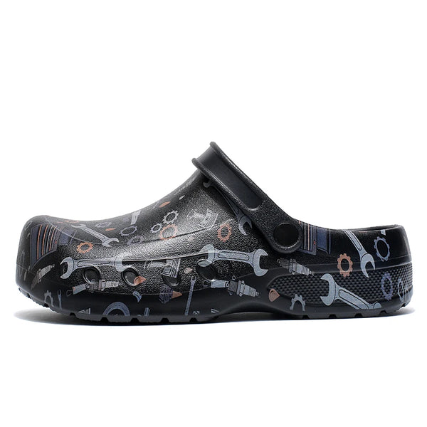 Men's Work Clogs with Tool Print, Anti-Slip Oilproof Chef Shoes, Comfortable EVA Closed Toe Shoes for Restaurant, Garage, Garden
