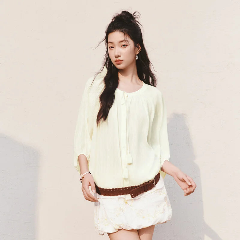 Semir Women Shirt 7/8 Lantern Sleeve Tassel Oversized Texture Shirt 2026 Summer Artistic Style