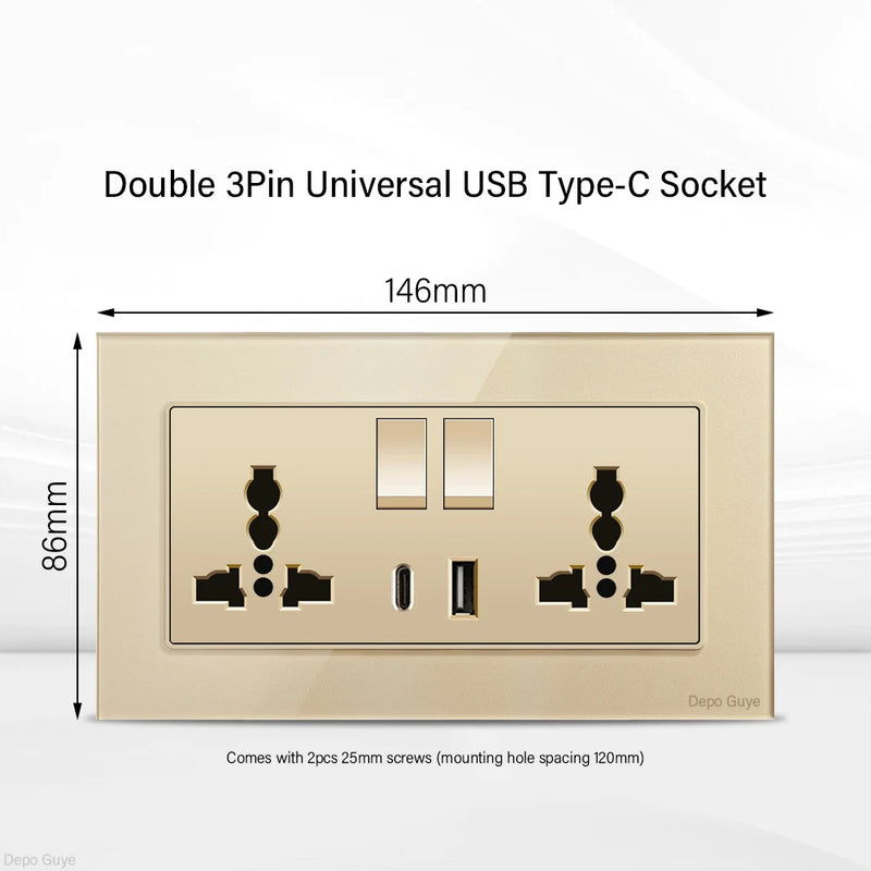 Gold UK 13A Tempered Glass Dual Socket,Universal Power Outlet With USB Type C 18W Quick Charge,Home Light Electric Switch Panel
