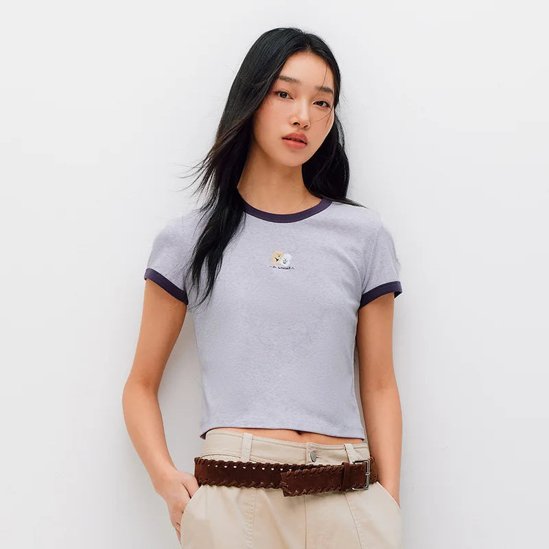 Semir Women Tshirt Cropped Slim Contrast Short Sleeve Summer 2026 Casual Graphic Print Everyday Fashion Top Tee