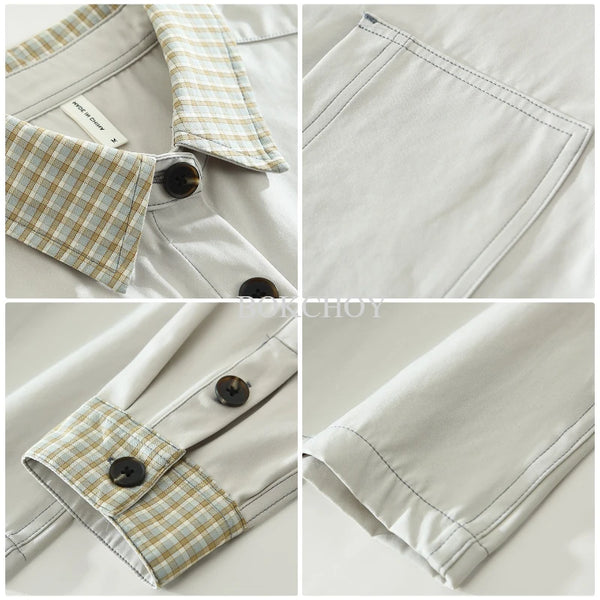 2026 Autumn New Casual Fashion Patchwork Plaid Shirt for Men Clothing Long Sleeve Big Pockets Male Shirts CM9200