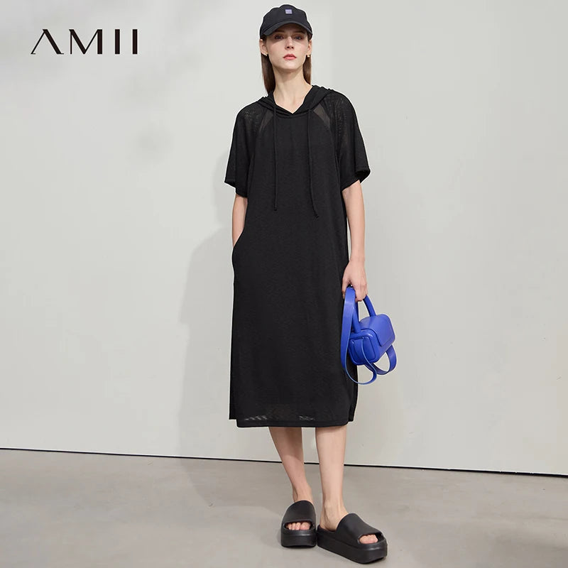 រ៉ូប Amii Minimalism សម្រាប់នារី រដូវក្តៅ ឆ្នាំ២០២៥ រ៉ូបការិយាល័យថ្មី ពណ៌សុទ្ធ ស្បៃក្រណាត់ ធម្មតា រលុង ស្រាល ស្រួលពាក់ 12542194