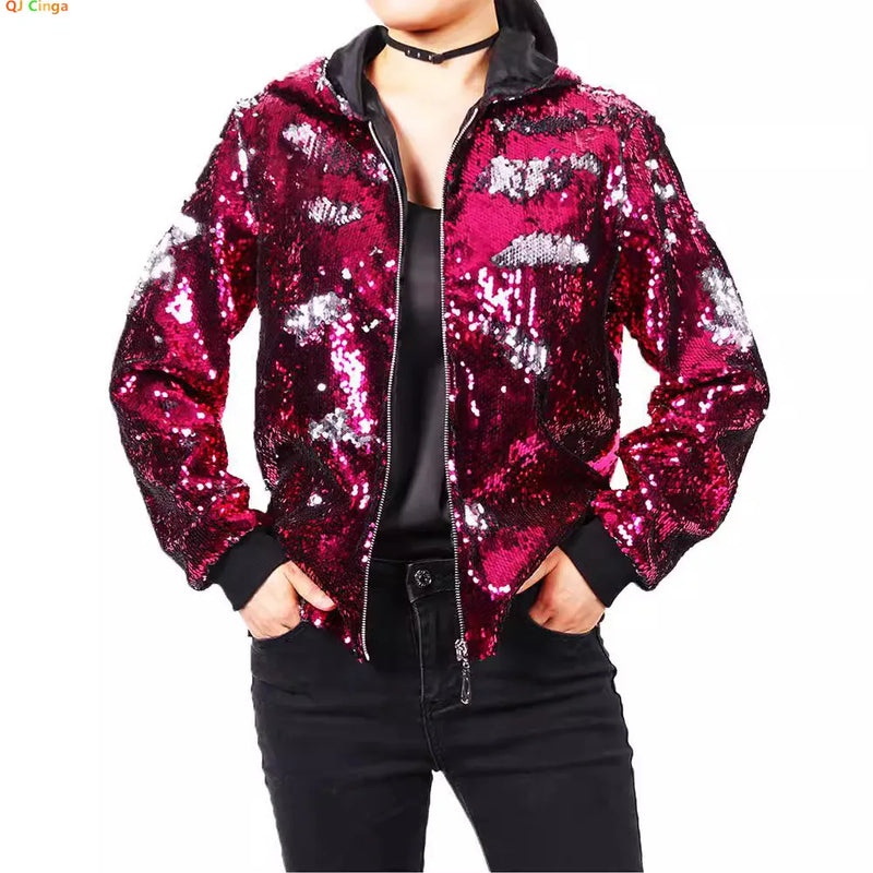 Sparkling Red Hooded Jacket with Sequin Decoration for Women, Fashionable Gold Outerwear with Silver Blue Purple Green Options