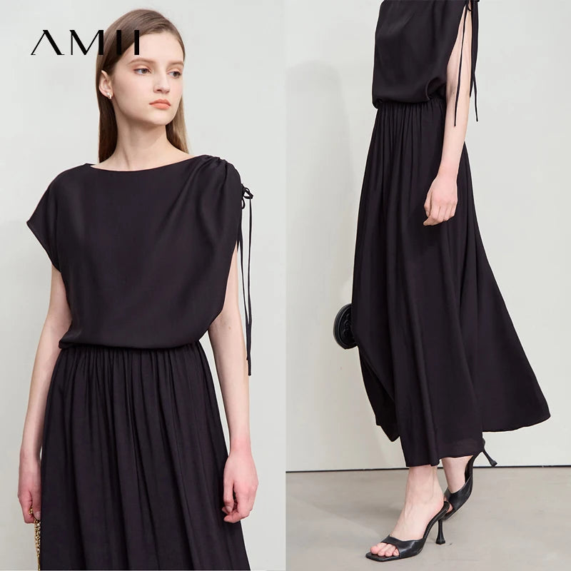 អាវ Amii Minimalism Chiffon ពាក់កណ្តាលសំពត់សម្រាប់នារី រដូវក្តៅឆ្នាំ ២០២៥ អាវថ្មីមូលដ្ឋានពណ៌រឹង លក់ដាច់ដោយឡែក សំពត់បត់ផ្នត់ 12552059
