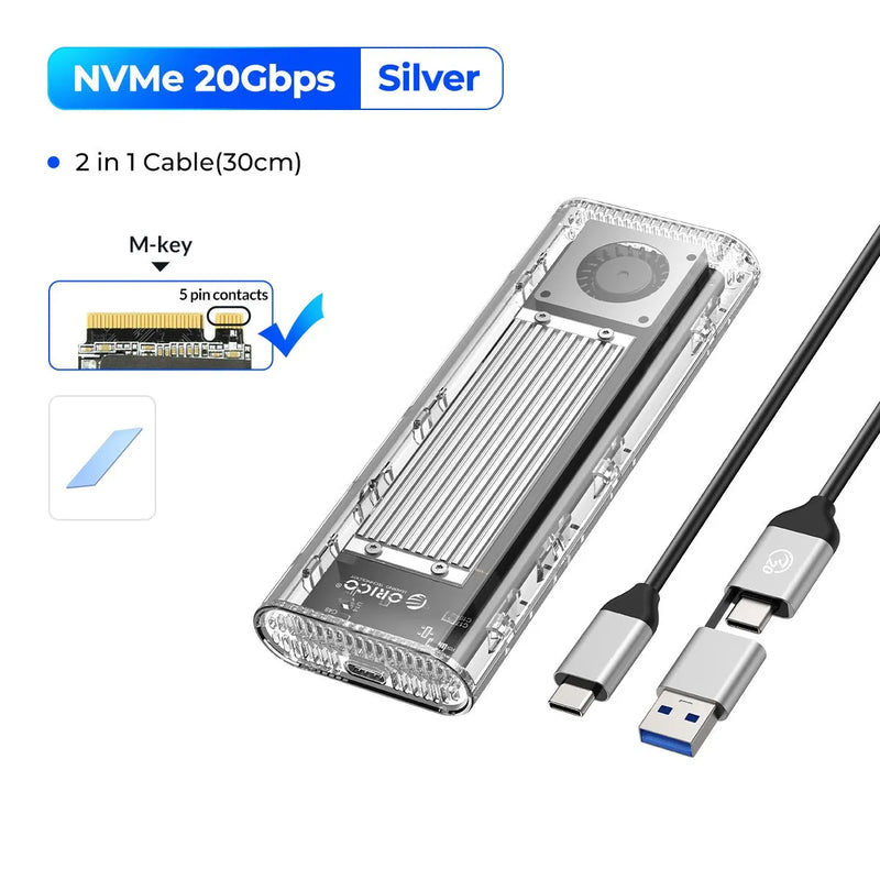 ORICO 20Gbps M.2 NVME SSD Case Enclosure with Cooling Fan USB 3.2 Gen 2 x 2 PCIE NVME Adapter Tool Free 4TB for PCIe M Key