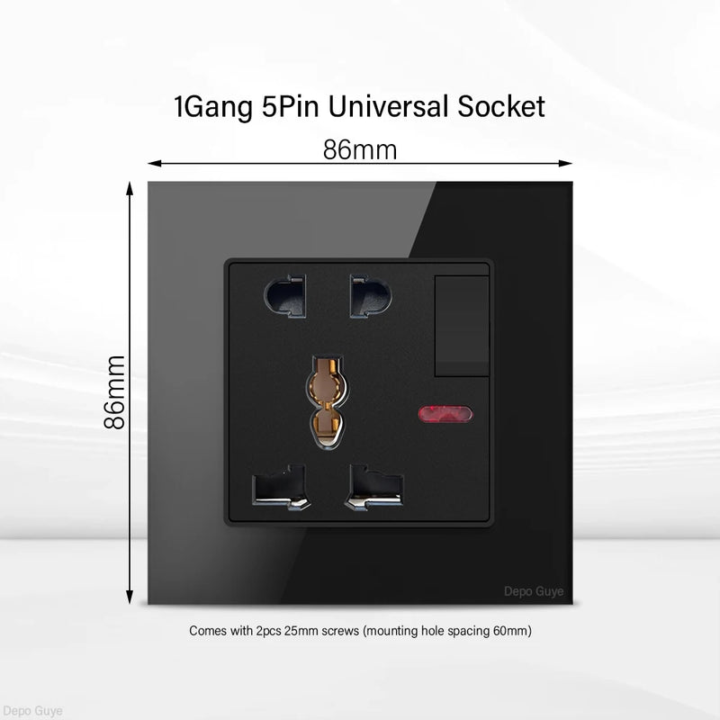 UK Black USB Type-C 18W Fast Charging Socket Universal Tempered Glass  Double 5-pin Power Plug,Home Electrical Wall Light Switch