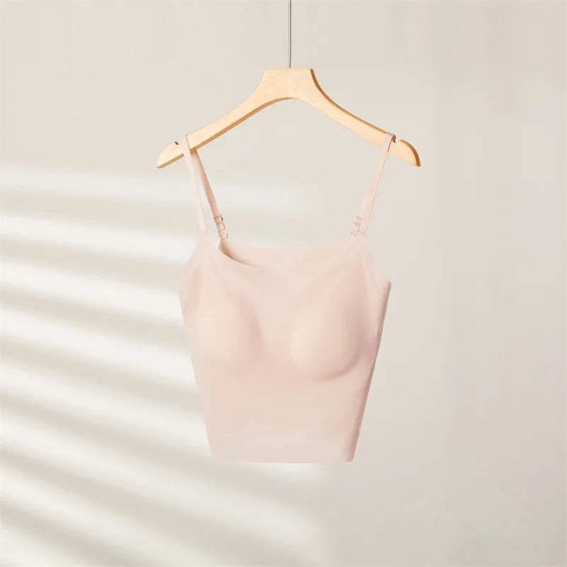Seamless Ice Silk Sling Tank Top Chest Pad Inner Outer Wear Underwear Women Sleepwear Vest One Piece Pajamas Lingeries For Woman