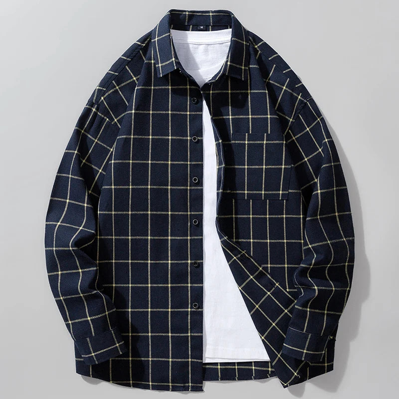 2026 New Men's Black Long Sleeve Shirt with Blue Striped Grid Decoration Casual Loose Fit Fashion Top Shirt