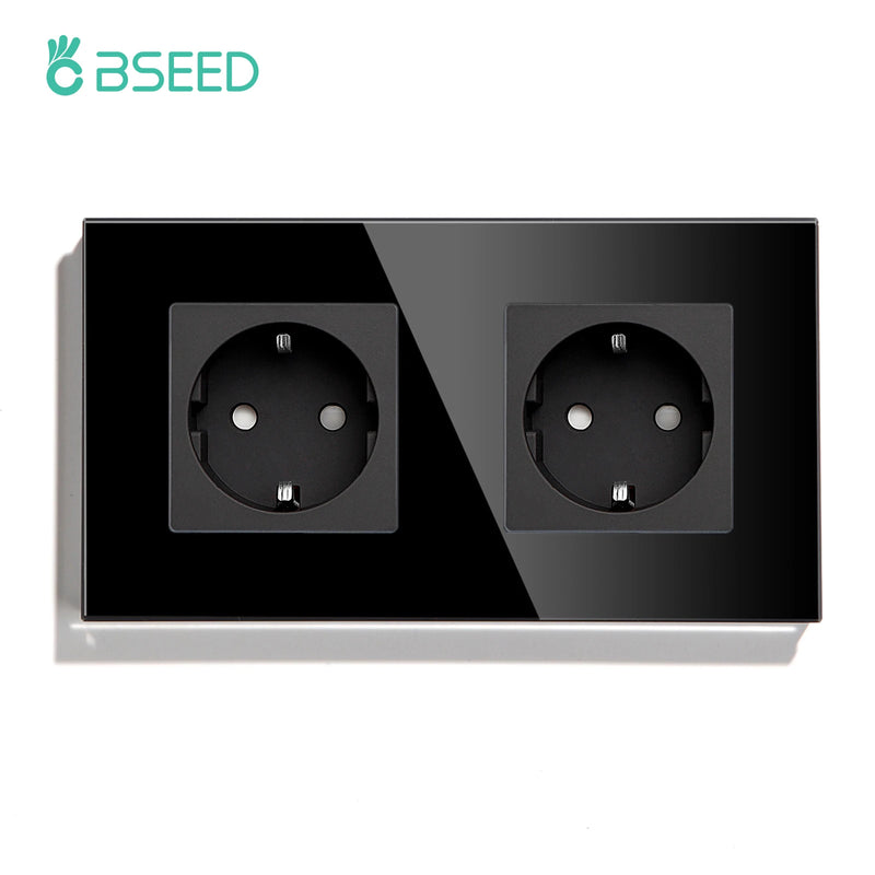 BSEED EU Wall Sockets Double Power Outlets White Black Double Frame USB Type-C Phone Charge Port Glass Panel Kids Protection 16A