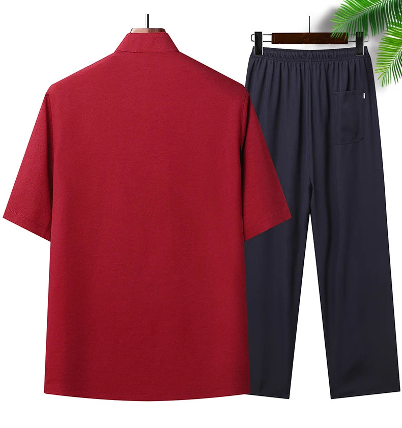 Chinese-style Men's Stand-collar Two-piece Set: A Summer Short-sleeve Shirt Paired with Cropped Pants. Red,Blue,Green,Khaki,Gray