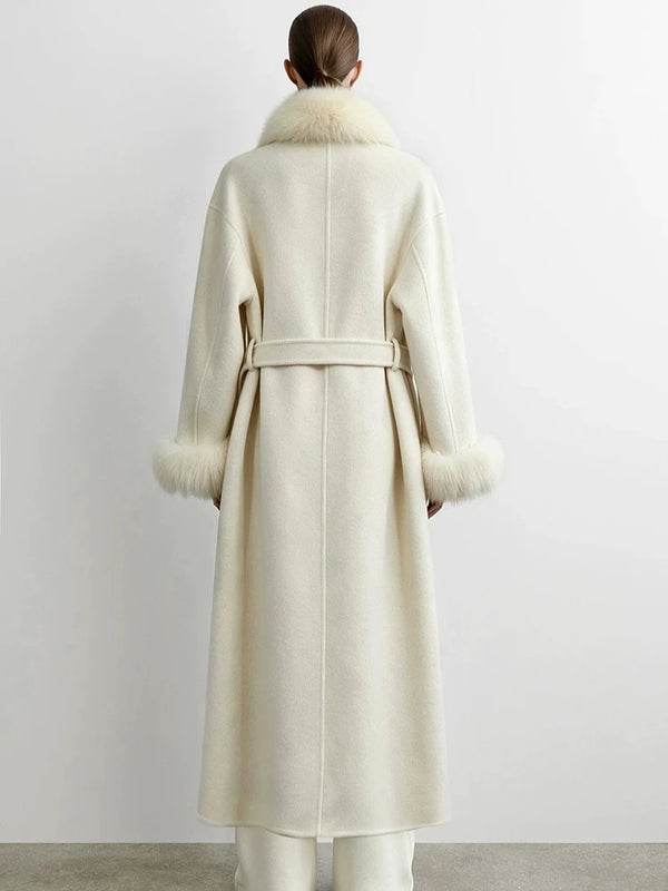 Amii Double-Faced Wool Long Coat Detachable Fur Collar Belted Lapel Commuter Minimalist 2026 Women Winter Coat 12654020