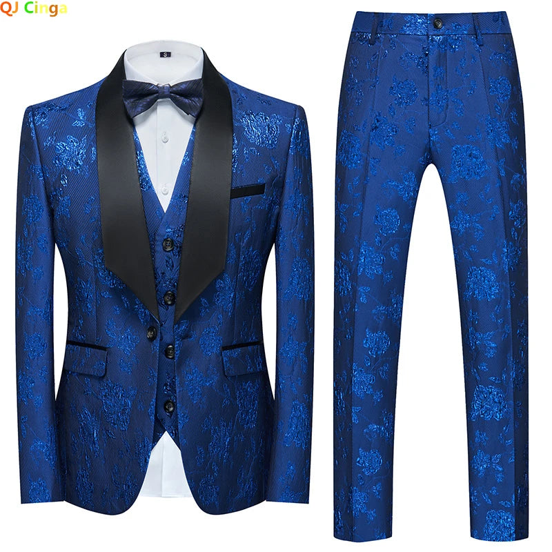Men's Blue Jacquard Fabric Suit 3-Piece, Fashion Slim-Fit Blazer Jacket Trousers Vest, Spring  Autumn New Men Sets, Asian Size