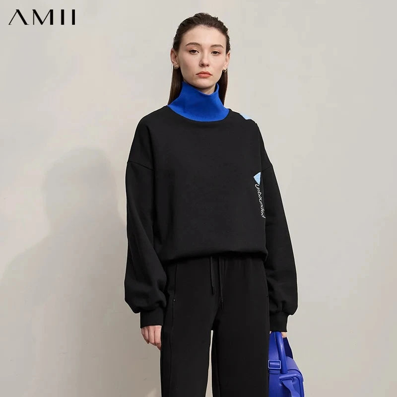 AMII Woman Sweatshirts 2026 Winter New Turtleneck Long Sleeve Female Sweatshirt Knitted Embroidery Versatile Top Women 12543177