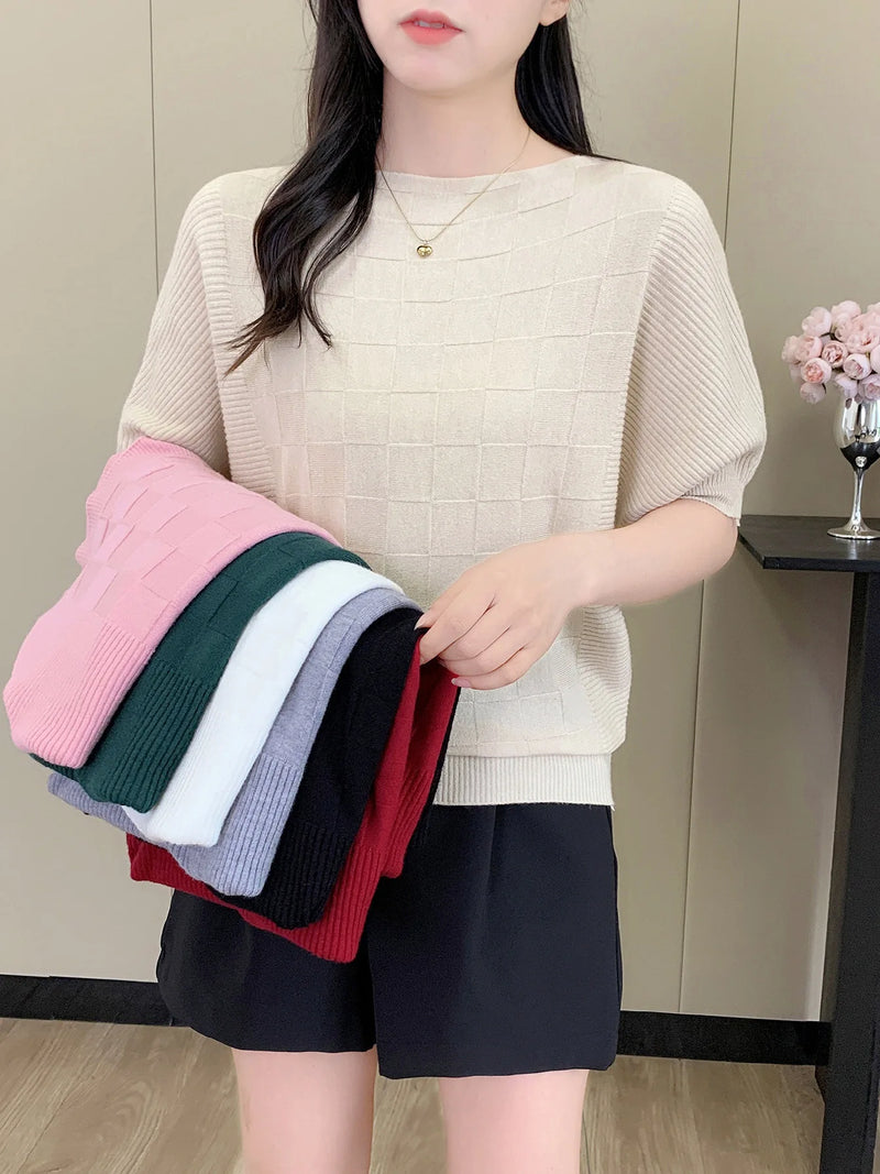 Korean Fashion One-word Collar Casual Bat-sleeved Knitted Sweater Women's Top Spring Summer Knitwear Pullover Jumper Shirt