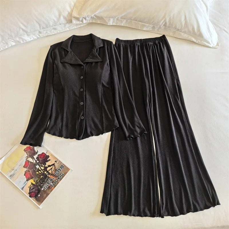 Big Size Chest Pad Top With Pant Set Spring Autumn Long Sleeve Women's Pajamas Cotton Sleepwear Pyjamas Femme Sleep Home Suit