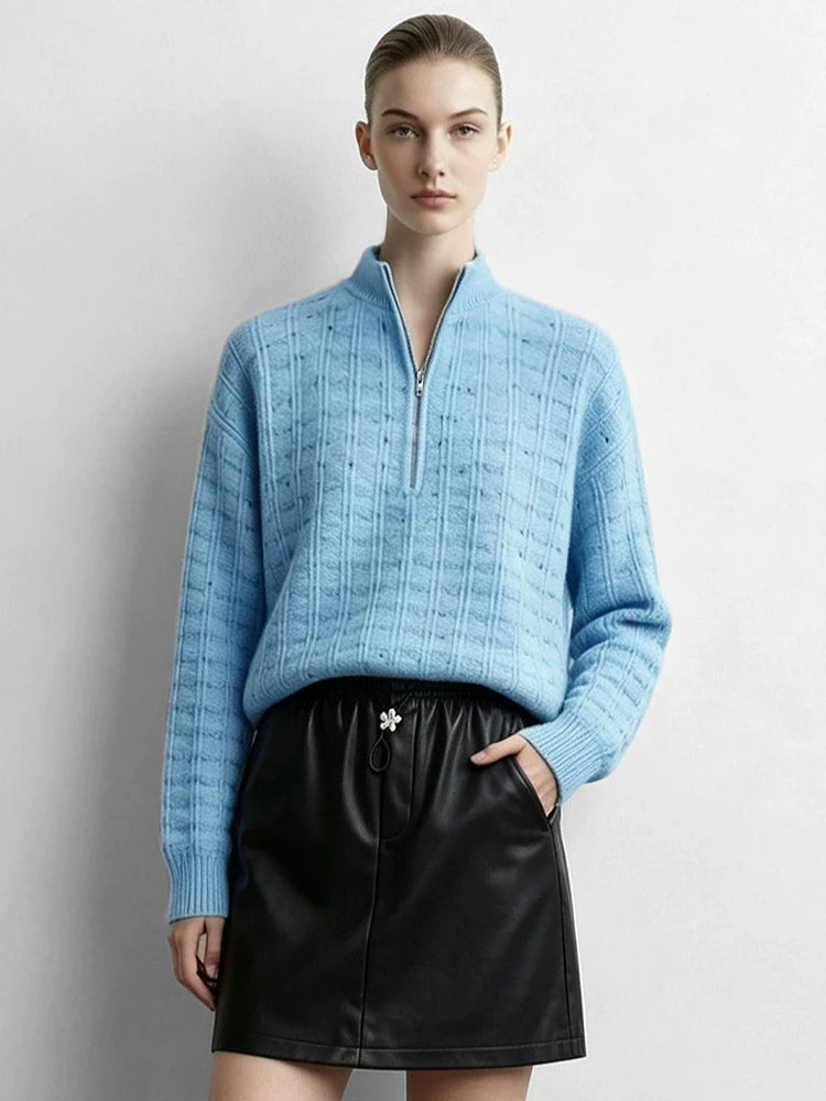 អាវយឺត Amii Speckled Yarn Mock Neck ប៉ាក់ពាក់កណ្ដាល Zip ស្មាទម្លាក់ចុះ ដៃអាវវែងទំហំធំ អាវយឺតរដូវរងាធម្មតាសម្រាប់នារី 12644045