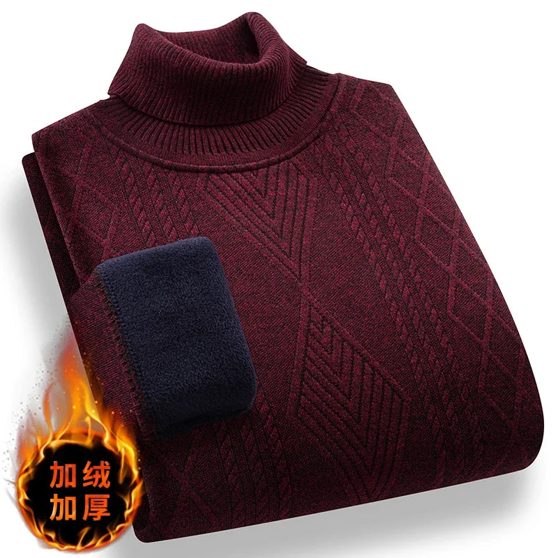 Stretch Turtleneck Male Knitted Pullover Embossed Twist Rhombus Pattern Fleece Lined Cold Proof Casual Long Sleeve Top