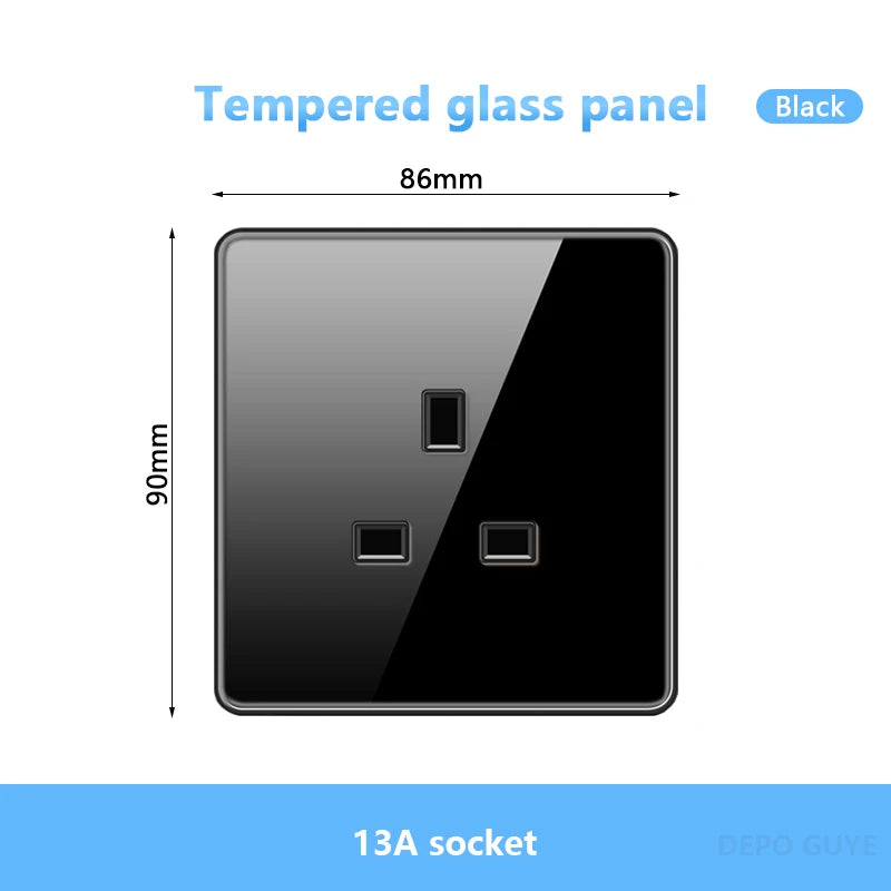 UK 13A Wall Tempered glass Socket Plug,British Standard Double 13A Wall Electrical Power Outlet Panel Black/White/Gray/Glod