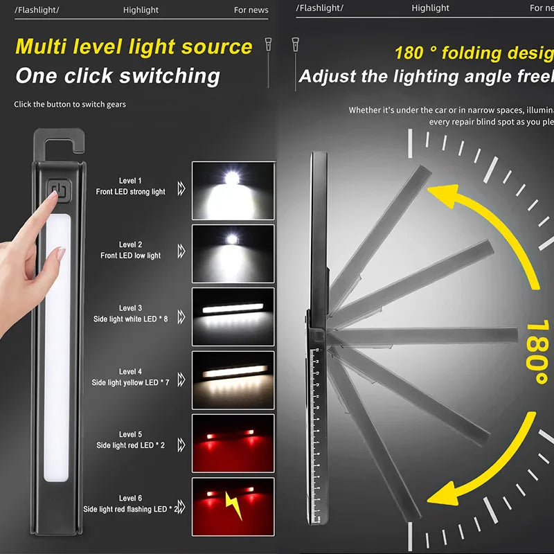 ពិល LED ដែលអាចសាកបានក្រៅផ្ទះ ដែលអាចបត់បាន ជាមួយមេដែក ពិលចល័ត COB ពិលប៊ិចធ្វើការ ពិលបន្ទាត់ពហុមុខងារ