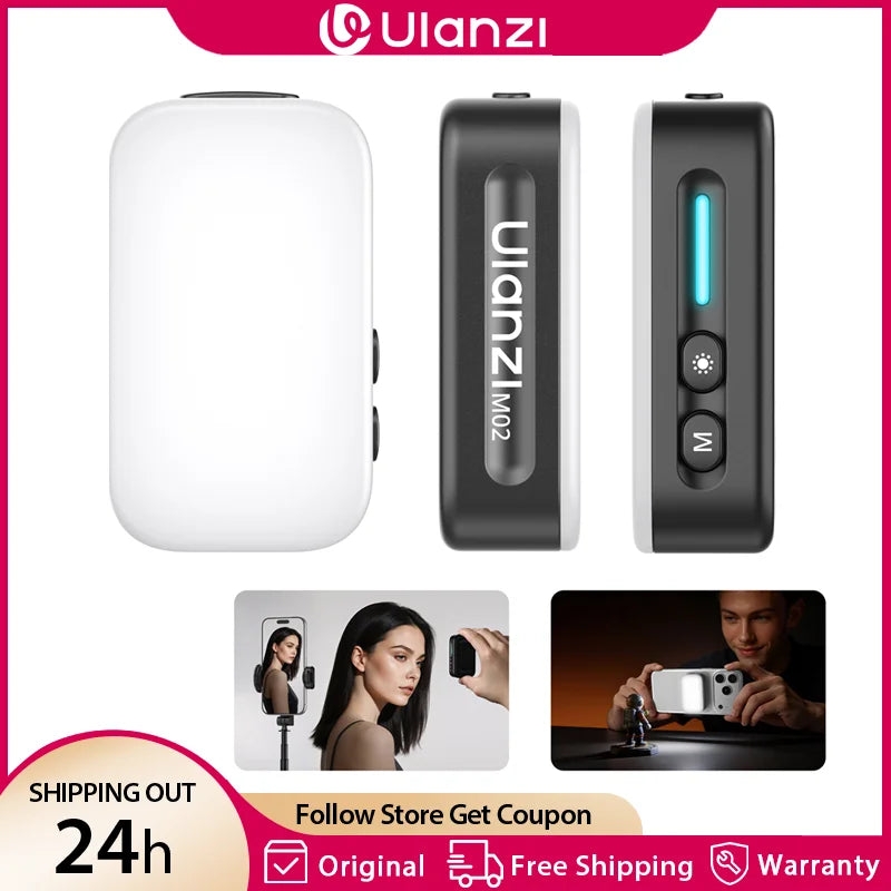 ភ្លើងពិលខ្នាតតូចចល័ត Ulanzi M02 ម៉ាញេទិកបំពេញពន្លឺសម្រាប់ iPhone 17 16 15 ស្មាតហ្វូន Android ដែលអាចលៃតម្រូវបាន 4 កម្រិត CRI 95+ សម្រាប់ Vlog