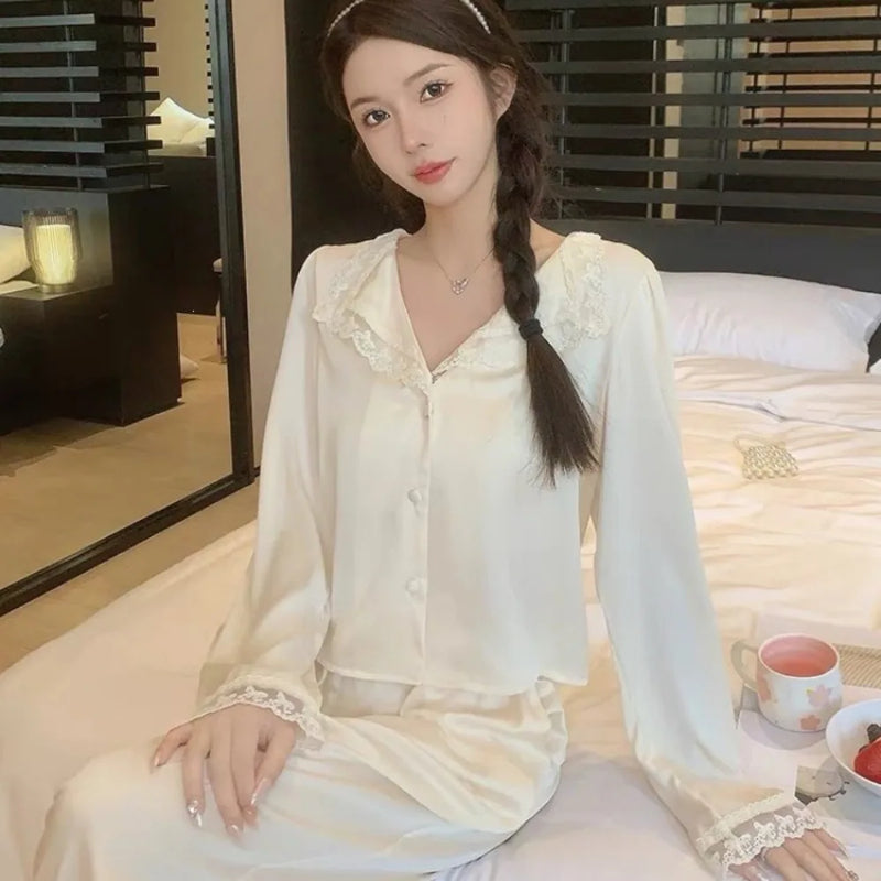 Elegant Sleepwear Women’s Loungewear 2 Pieces Set for Woman Clothes Pajamas New Spring Autumn Long Sleeve Thin Home Clothes Set