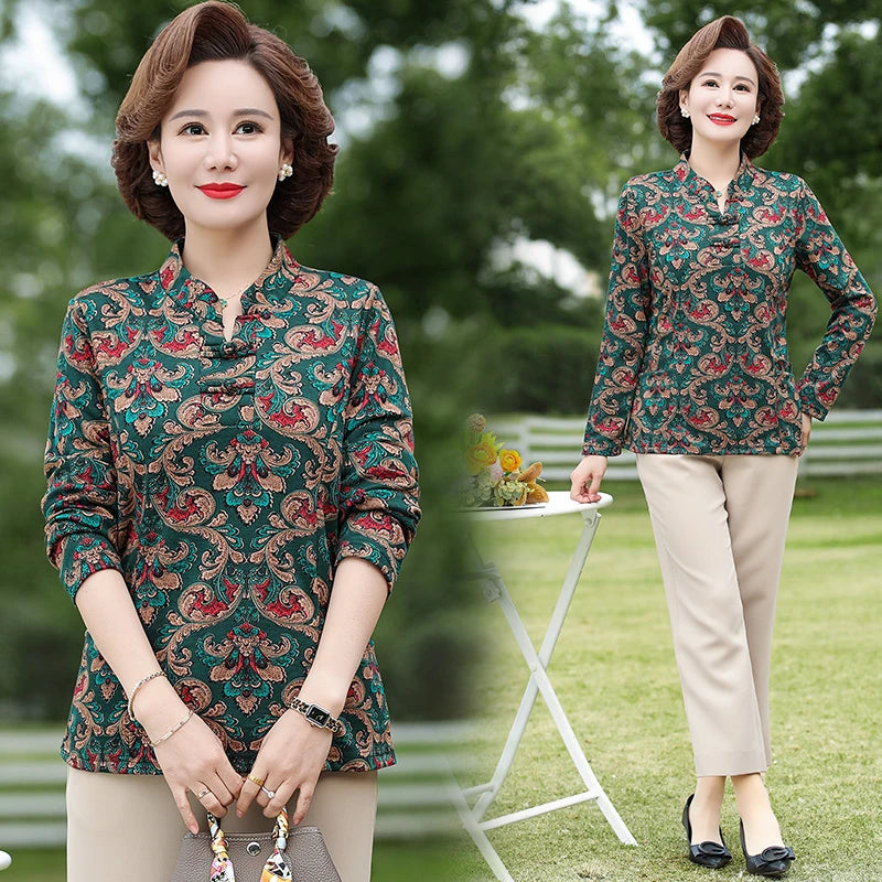 អាវយឺត Pullover ថ្មី កមូល រចនាប័ទ្ម Retro ប៊ូតុង បោះពុម្ពធរណីមាត្រ ដៃវែង អាវ Midi រលុង