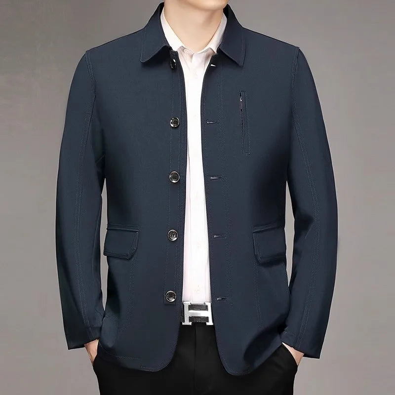 2026 New Men's Red Long-sleeve Collared Jacket, Black Single-breasted Casual Coat, Navy and Khaki Tops.