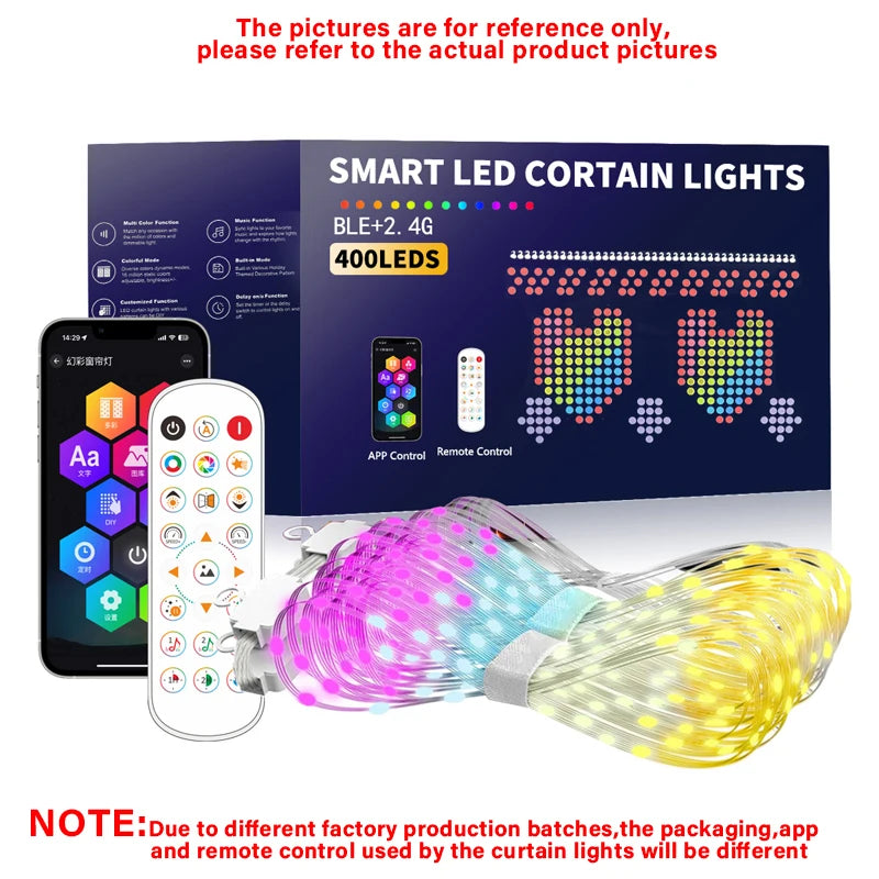 USB LED Smart Curtain Lights Multicolor Fairy Light Remote Bluetooth APP Control DIY Text Cartoon Music Change Display Christmas