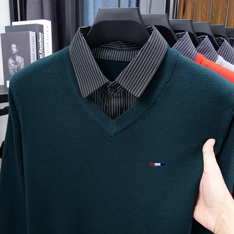 Quality Man False Two-Piece Long-Sleeved Knitwear Striped Embroidery Autumn Winter New Pullover Casual Versatile Men's Clothing
