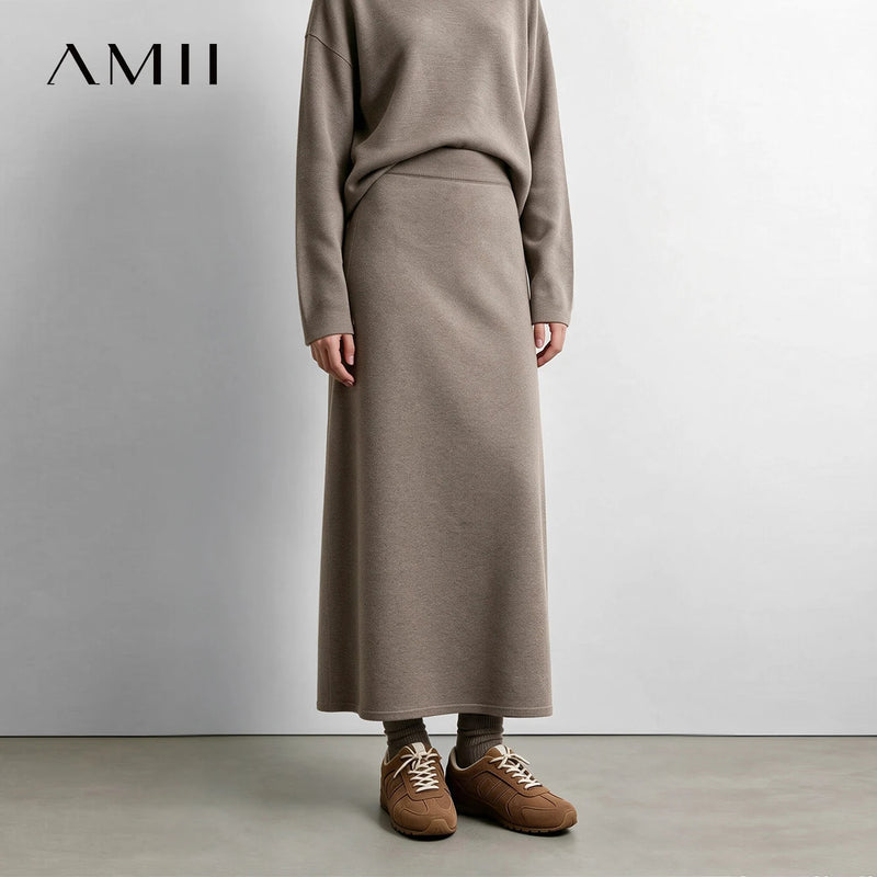 Amii Women Knit Straight Skirt Elastic Waist Back Split Slimming Casual Commuter Minimalist Winter Long Skirt for Women 12644003