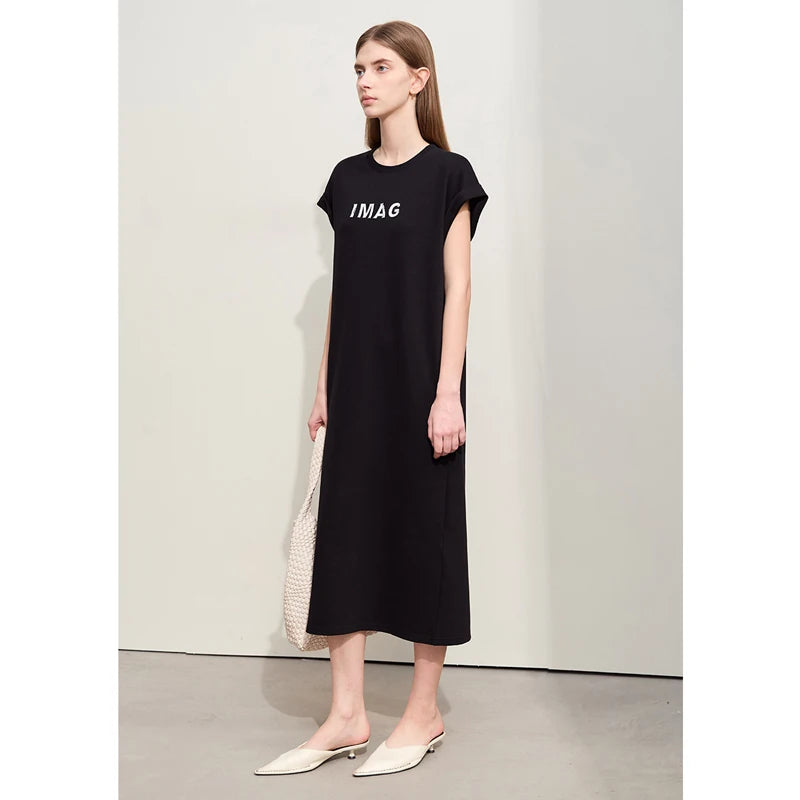 Amii Minimalism 2026 Dresses for Women Summer New Casual O-Neck Short-sleeve Midi Straight Beaded Embroidery Dress Lady 12442004