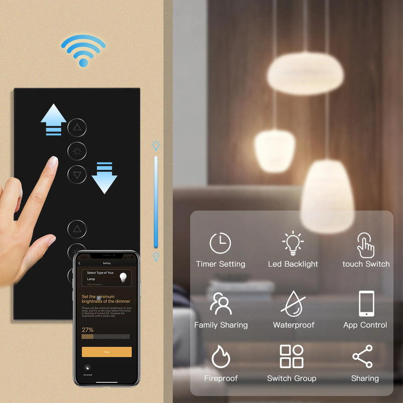 BSEED Wifi Dimmer Switch Double Led Dimmerable Smart Touch Dimmer Switch Work With Tuya Alexa Smart Life Tempered Crystal Glass
