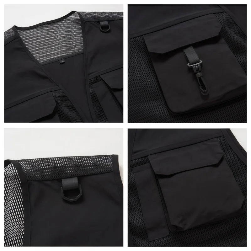 Solid fluorescent color breathable net V-neck vest Multi-pocket Work and leisure vest  custom logo for group activities