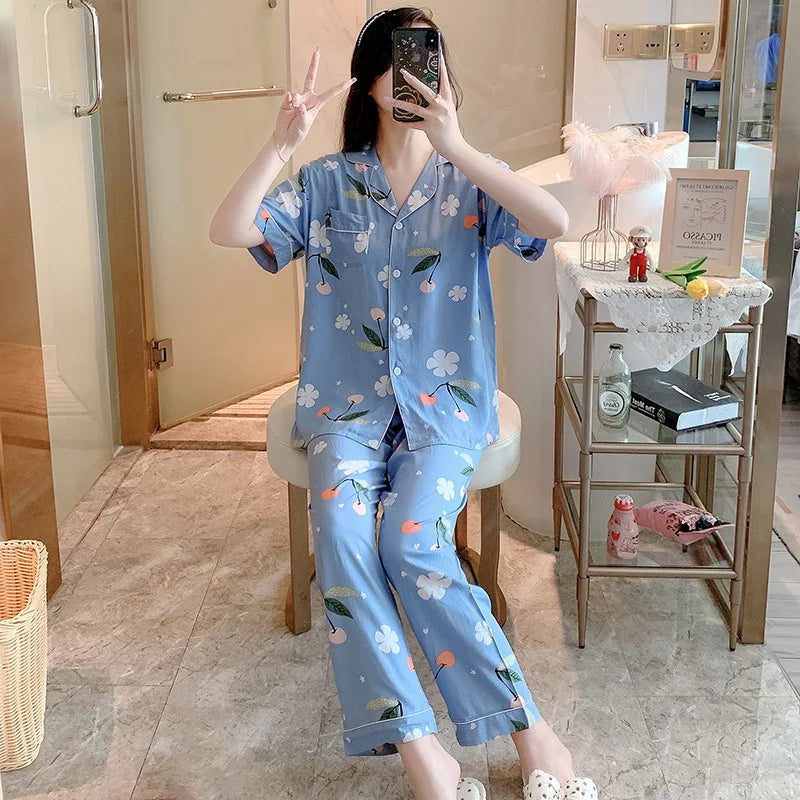 Floral Short Sleeve Sleepwear Female Nightwear Pyjamas Women Summer Pajamas Lapel Top Trousers Home Suit Loungewear Set Pijama