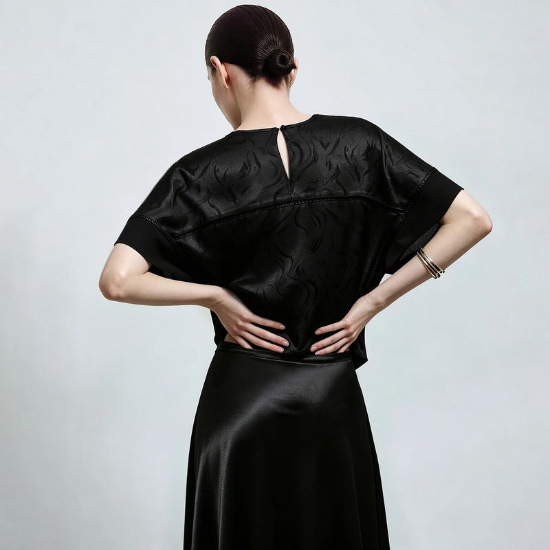 Am Women's Chiffon Blouse 2026 Summer Chinese Style O-Neck Cutout Ribbon Trim Batwing Sleeve Top Loose Jacquard Shirt 12622151