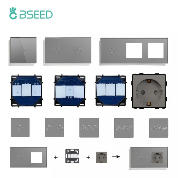 BSEED Touch Light Switch 1/2/3Gang Dimmer Switch Function Parts Glass Panel Gray EU Wall Socket Plug DIY Free Combination